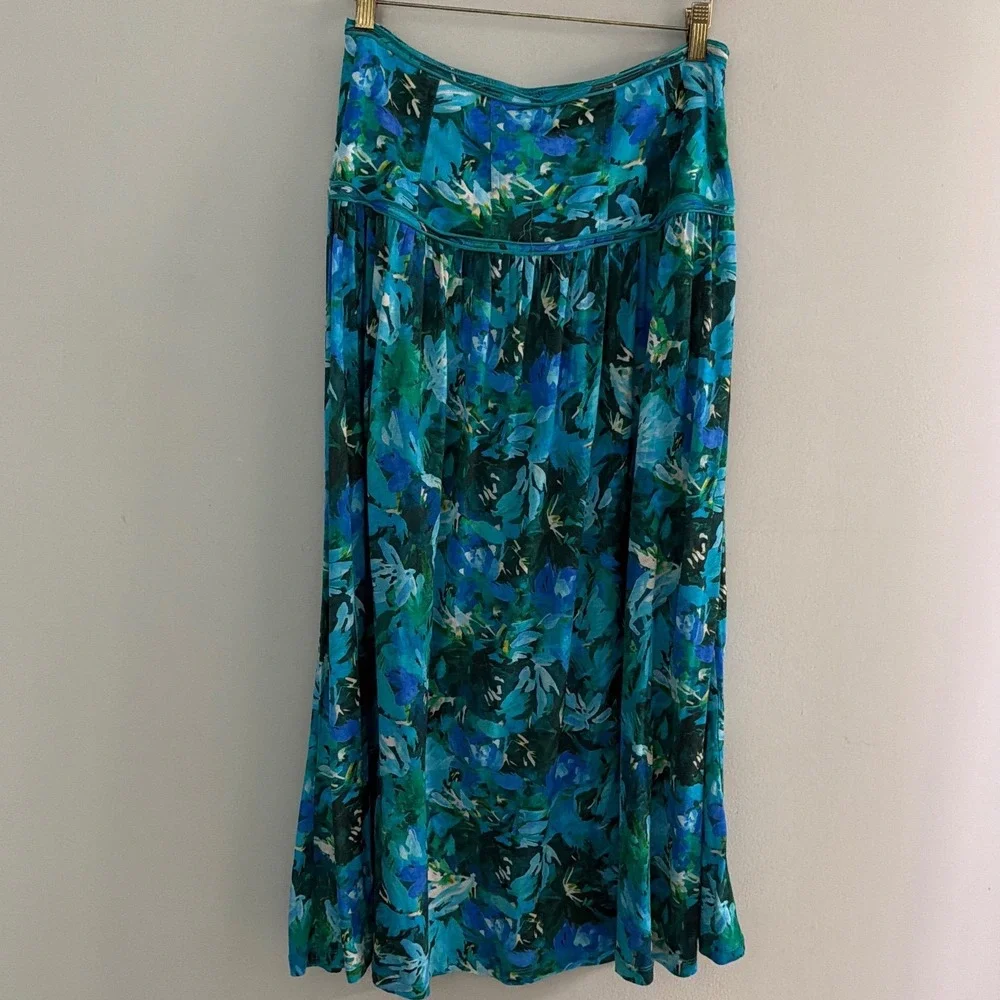 Ulla Johnson Blue Teal Floral Lyocell Maxi Skirt High Waisted Sz 6 Floral Print